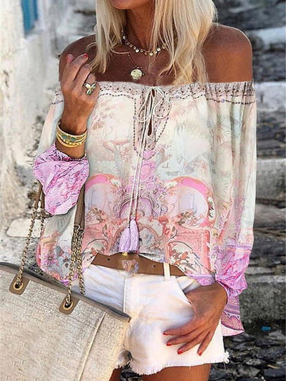 Printed Boat Neck Flare Sleeve Chiffon Blouses