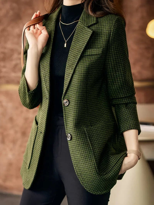 Printed Button-Up Blazer with Long Sleeves, Stylish Lapel Jacket for Office Wear, Women's Apparel