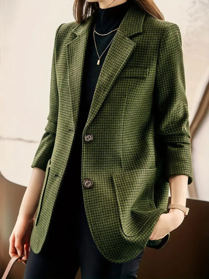 Printed Button-Up Blazer with Long Sleeves, Stylish Lapel Jacket for Office Wear, Women's Apparel