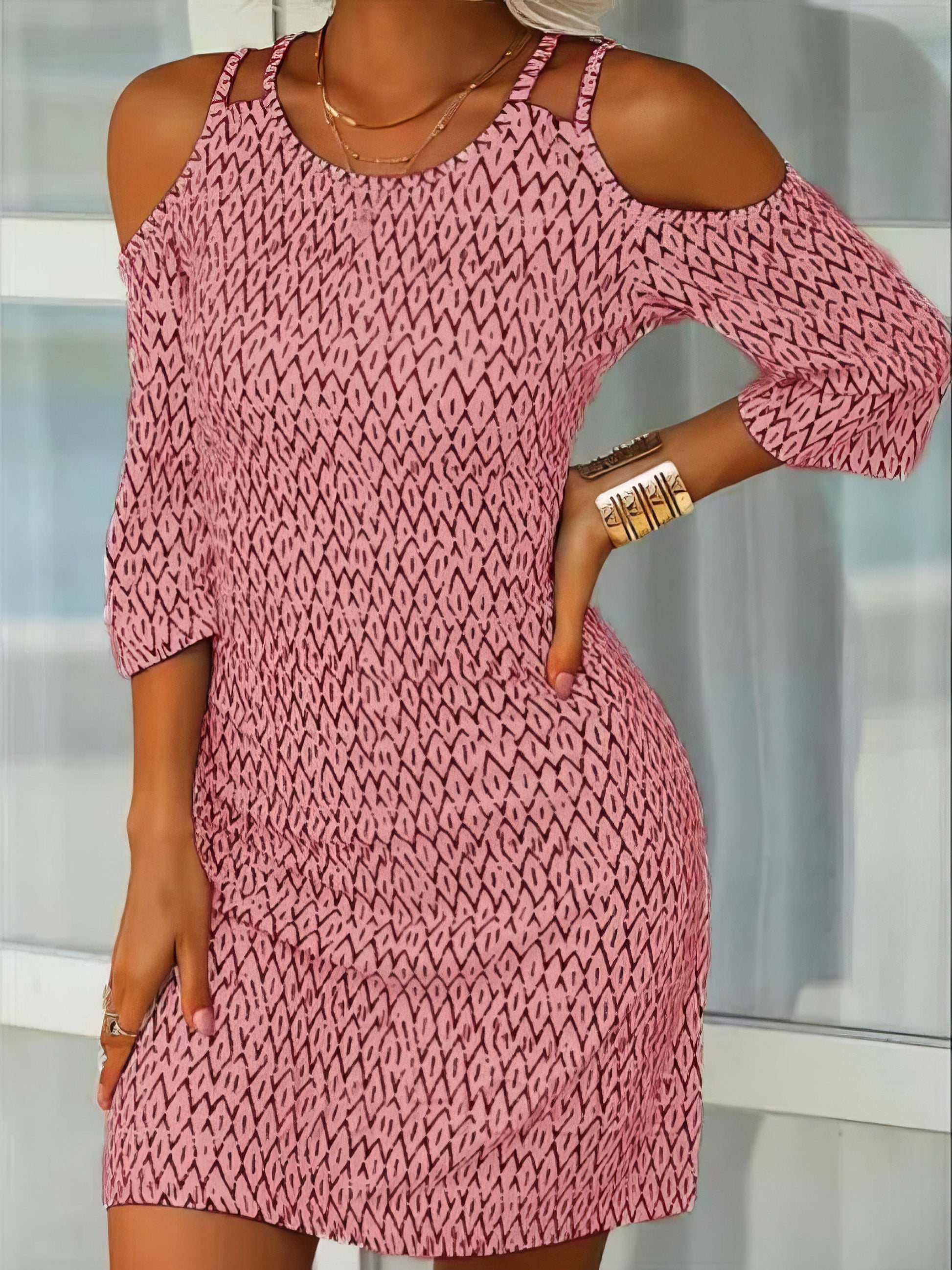 Printed Mid-Sleeve Off The Shoulder Dress