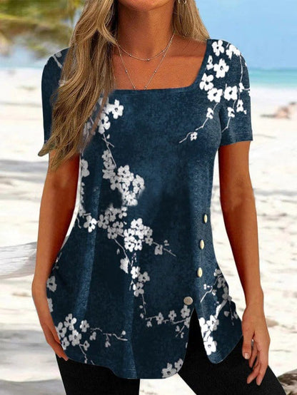 Printed Square Neck Buttoned Short Sleeve T-Shirt