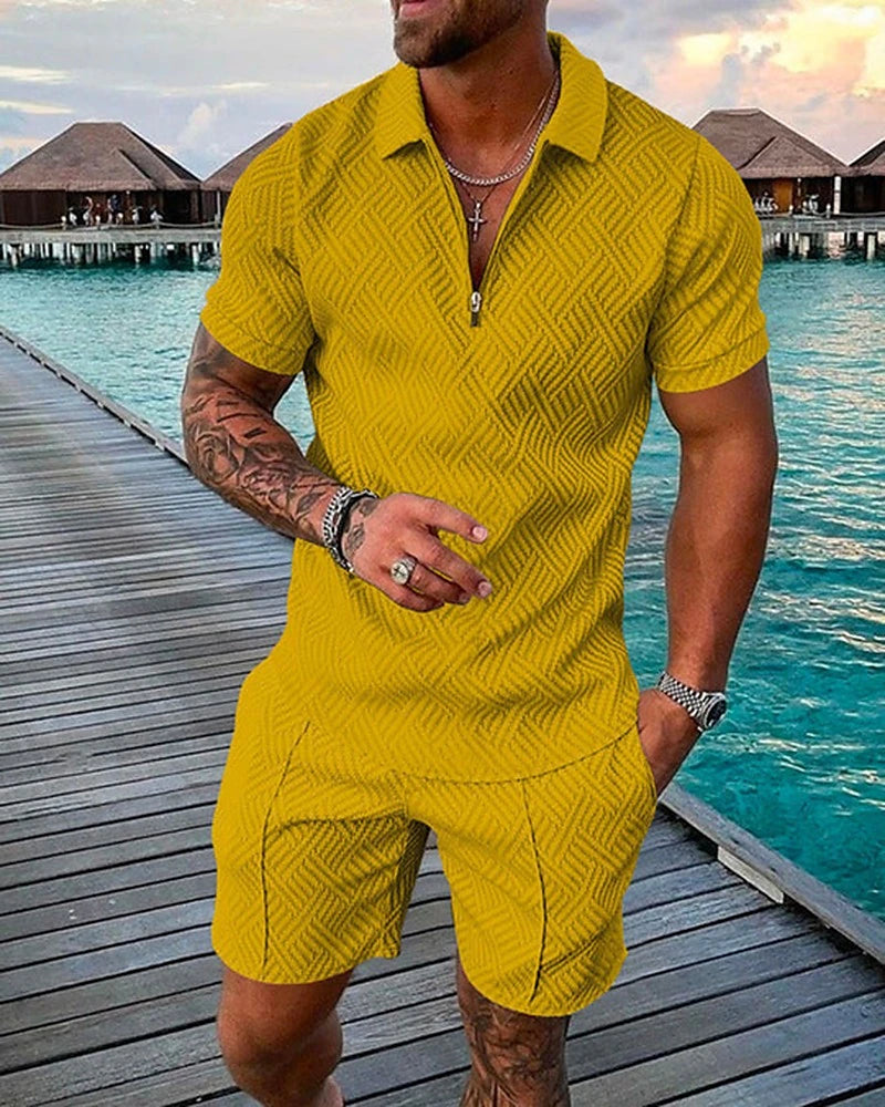 Men's T-shirt Suits Golf Polo Street Casual Turndown Quarter Zip Short Sleeve Modern Casual Curve Waves 3D Print Summer Regular Fit Green / Black Black Yellow Pink Red Navy Blue T-shirt Suits