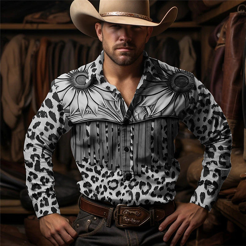 Leopard Floral Vintage western style Men's Shirt Western Shirt Outdoor Street Casual Daily Fall & Winter Turndown Long Sleeve Brown Gray S M L Shirt