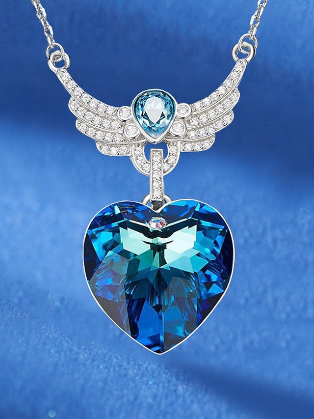 Romantic Blue Winged Heart Necklace for Fashionable Women