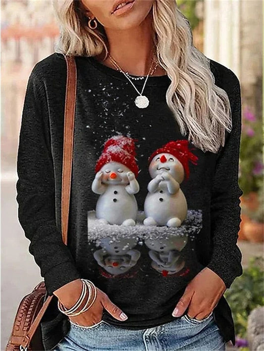 Festive Snowman Print Long Sleeve T-shirt for Women