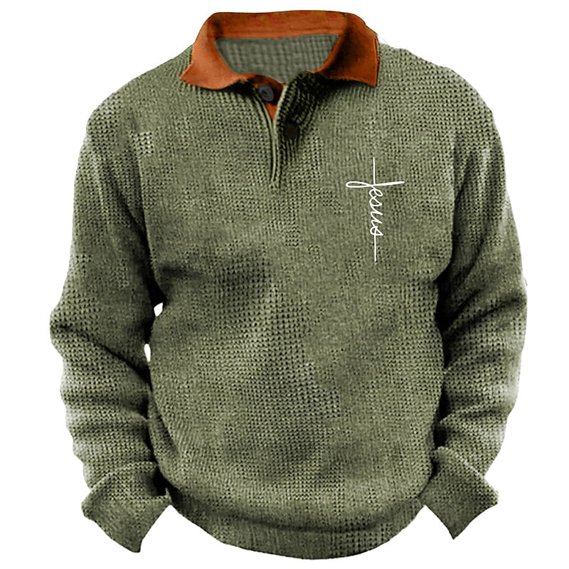 Faith Retro Vintage Men's Print Button Knitting Pullover Sweater Jumper Knitwear Outdoor Daily Vacation Long Sleeve Stand Collar Sweaters Green Khaki Fall Winter S M L Sweaters