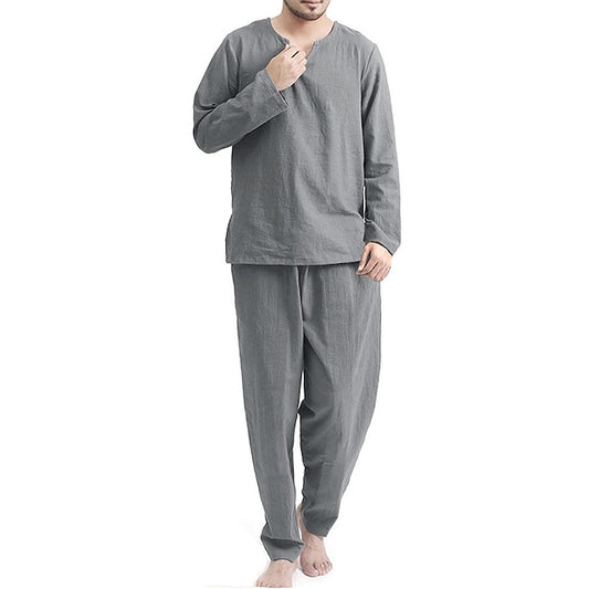 Men's Pajamas Sleepwear Pajama Top and Pant 2 Pieces Pure Color Casual Home Daily Cotton Blend Breathable Crew Neck Long Sleeve Pant Fall Spring khaki Grey