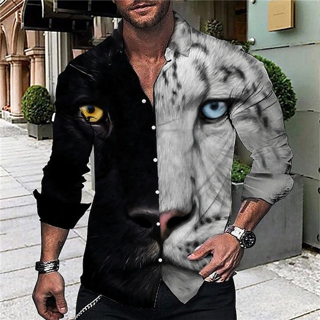 Men's Shirt Graphic Shirt Animal Leopard Turndown Black White Yellow Blue Brown 3D Print Outdoor Street Long Sleeve Button-Down Print Clothing Apparel Fashion Designer Casual Breathable