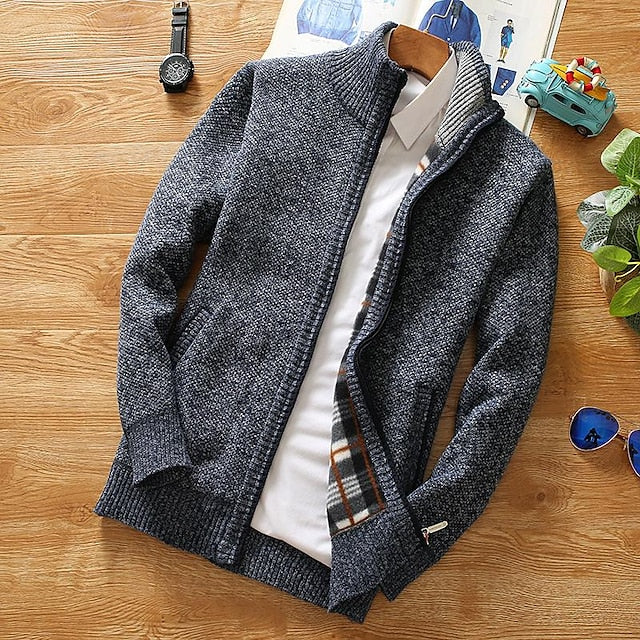 Male Sweater Cardigan Knitwear Chunky Knit Cropped Solid / Plain Color Family Gathering To-Go Clothing Apparel Fall & Winter Wine Red Blue S M L