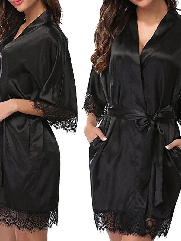 Exquisite Satin Women's Robe Gown Set with Lace Belt