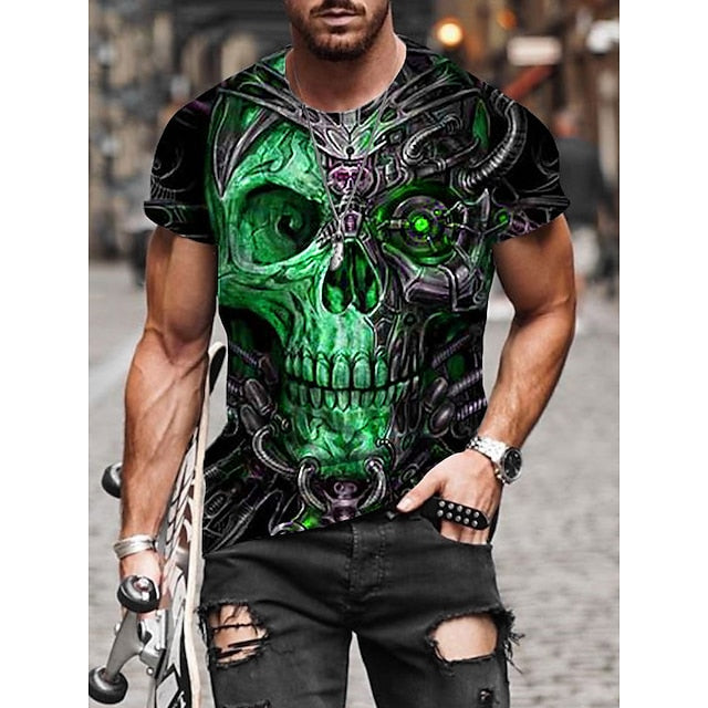 Skull Mens 3D Shirt For Halloween | Green Summer Cotton | Men'S Unisex Tee Graphic Prints Crew Neck Black Red Blue 3D Outdoor Street Short Sleeve