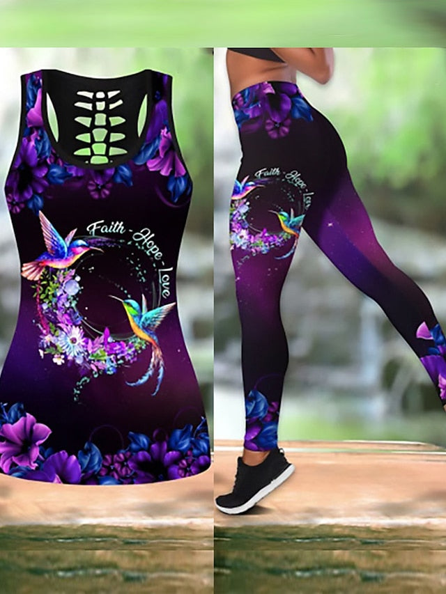 Women's Activewear Set 3D Set 3D Tracksuit 3D Print 2 Piece Floral Leggings Tank Top Violet Black Spandex Yoga Fitness Gym Workout High Waist Tummy Control Butt Lift Breathable Sleeveless Sport - LuckyFash™