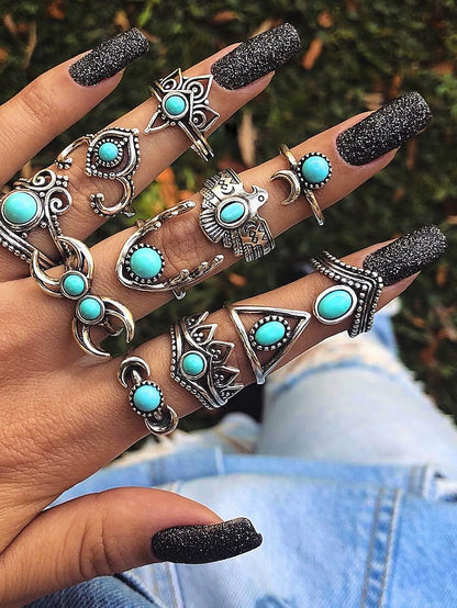 1 set Ring full finger ring For Women's Turquoise Blue Daily Festival Alloy Vintage Style - LuckyFash™