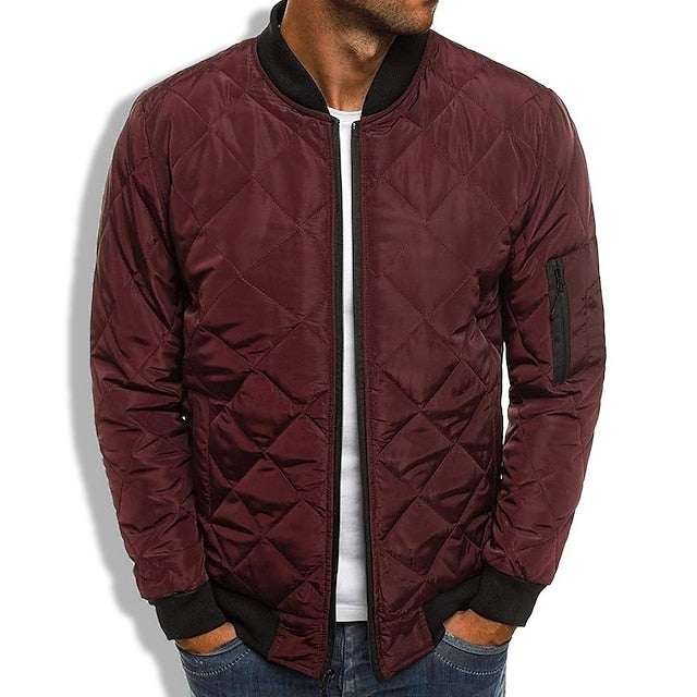 Men's Bomber Jacket Quilted Jacket Padded Sports & Outdoor Casual Classic & Timeless Warm Winter Solid Color Navy Wine Red ArmyGreen Black Puffer Jacket