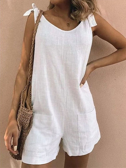 Youthful Bow Detail Women's Summer Romper with Crew Neck and Pockets