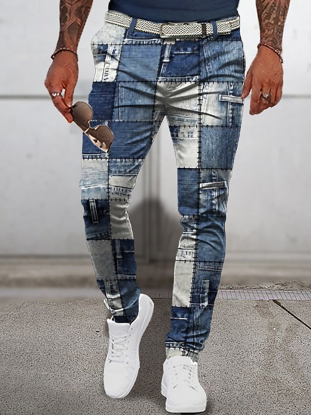 Christmas Patchwork Denim Pants Mens Graphic Plaid Geometry Business 3D Print Trousers Outdoor Street Wear To Polyester Navy Blue Royal Mid Waist Elasticity Casual Navy-Blue