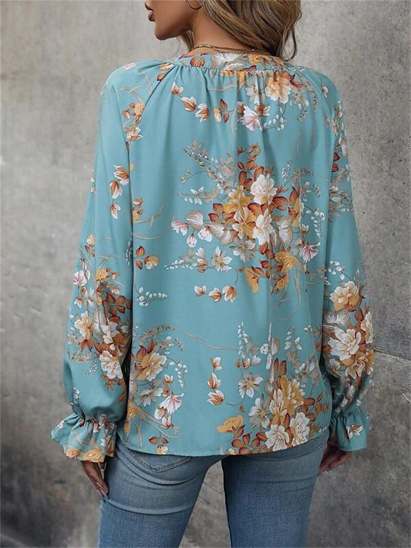 Floral Blue Print V-Neck Shirt Blouse for Women's Casual Holiday Fashion