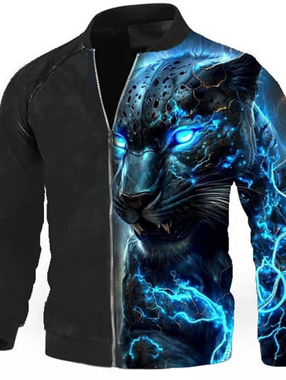 Men's Coat Breathable Sports & Outdoor Zipper Animal Leopard Print 3D Printed Graphic Standing Collar Fashion Jacket Outerwear Long Sleeve Zipper Fall Bomber Jacket