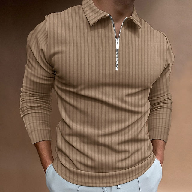 Striped Quarter Zip Men's Golf Polo Shirt - Summer Style with Turndown Neckline
