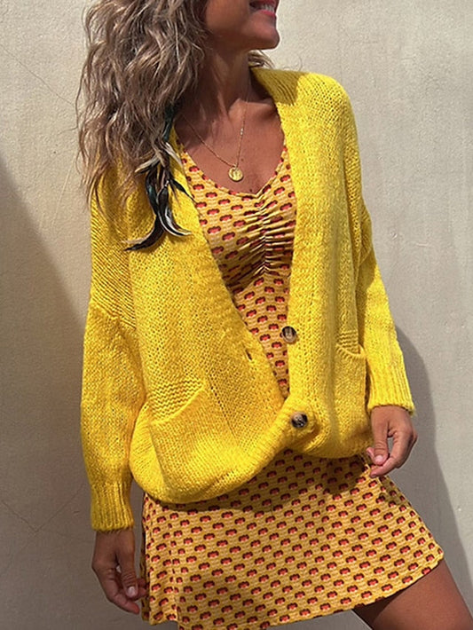 Yellow V-Neck Button Cardigan Sweater for Women - Stylish Ribbed Knit Jumper for Outdoor and Daily Wear