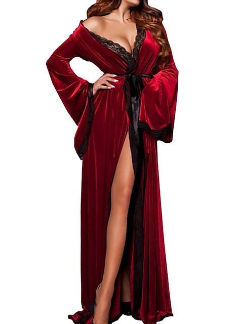 Cozy Red Flannel Bathrobe with V-Wire Neckline for Women