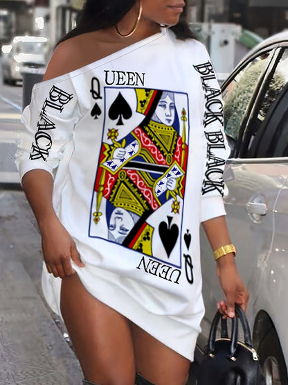 Queen Poker Print Slant Shoulder Shirt Mini Dress