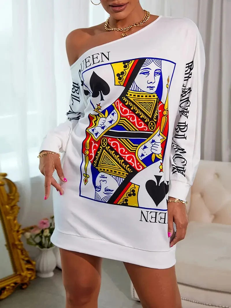 Queen Poker Print Slant Shoulder Shirt Mini Dress