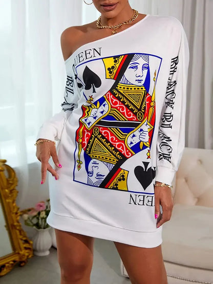 Queen Poker Print Slant Shoulder Shirt Mini Dress