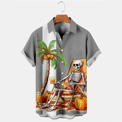 Men's Shirt Summer Hawaiian Shirt Skull Tree Turndown Black Purple Orange Gray Outdoor Halloween Short Sleeves Print Clothing Apparel Fashion Designer Casual Soft