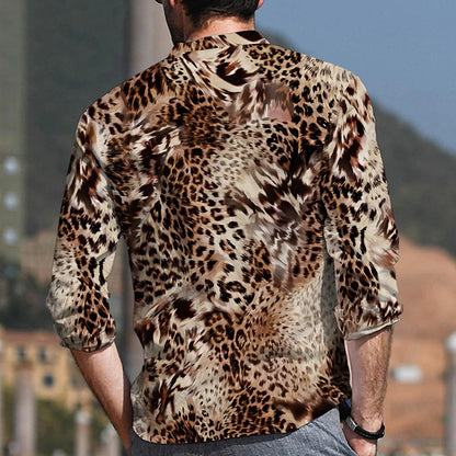 Men's Shirt Graphic Shirt Leopard Stand Collar Black Red Purple Brown Green 3D Print Outdoor Casual Long Sleeve 3D Print Button-Down Clothing Apparel Fashion Designer Casual Comfortable