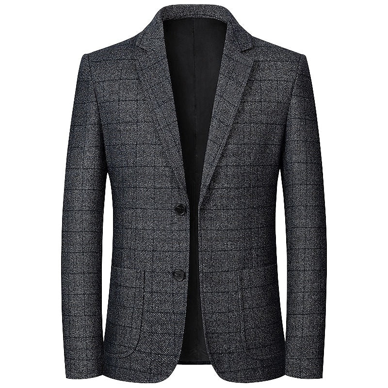 Men's Blazer Engagement Party Business Attire Classic & Timeless Spring Fall Polyester Plaid / Check Comfort Single Breasted Blazer Blue Grey