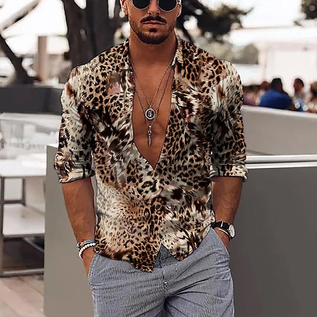 Men's Shirt Graphic Shirt Leopard Stand Collar Black Red Purple Brown Green 3D Print Outdoor Casual Long Sleeve 3D Print Button-Down Clothing Apparel Fashion Designer Casual Comfortable