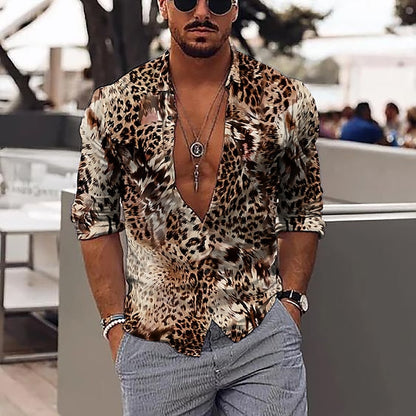 Men's Shirt Graphic Shirt Leopard Stand Collar Black Red Purple Brown Green 3D Print Outdoor Casual Long Sleeve 3D Print Button-Down Clothing Apparel Fashion Designer Casual Comfortable