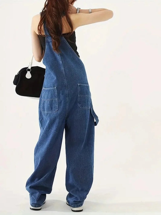 Relaxed Fit Blue Denim Romper with Slant Pockets, Distressed Denim Coverall, Stylish Women's Denim Outfit