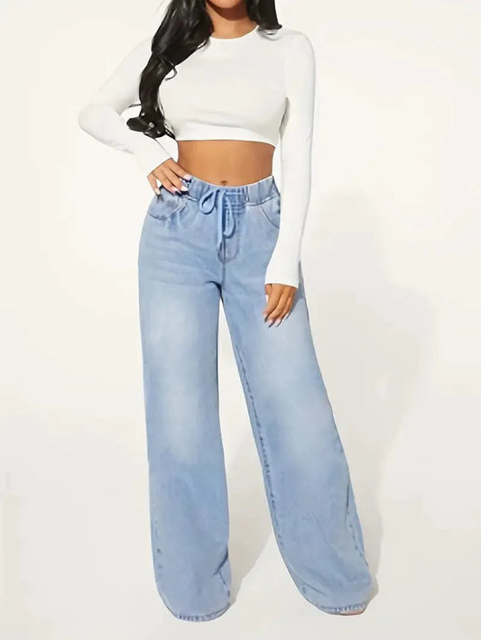 Relaxed Fit Blue Drawstring Waist Wide-Leg Jeans for Women