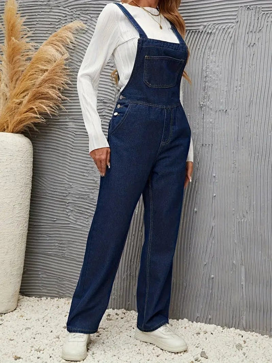 Relaxed Style Blue Denim Jumpsuit with Slash Pockets - Women's Fashion Denim Piece