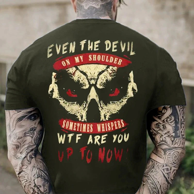 Halloween Mens Graphic Shirt Even The Devil On My Shoulder Sometimes Whispers Wtf Are You Up To Now 3D For | Black Winter Cotton Tee Funny