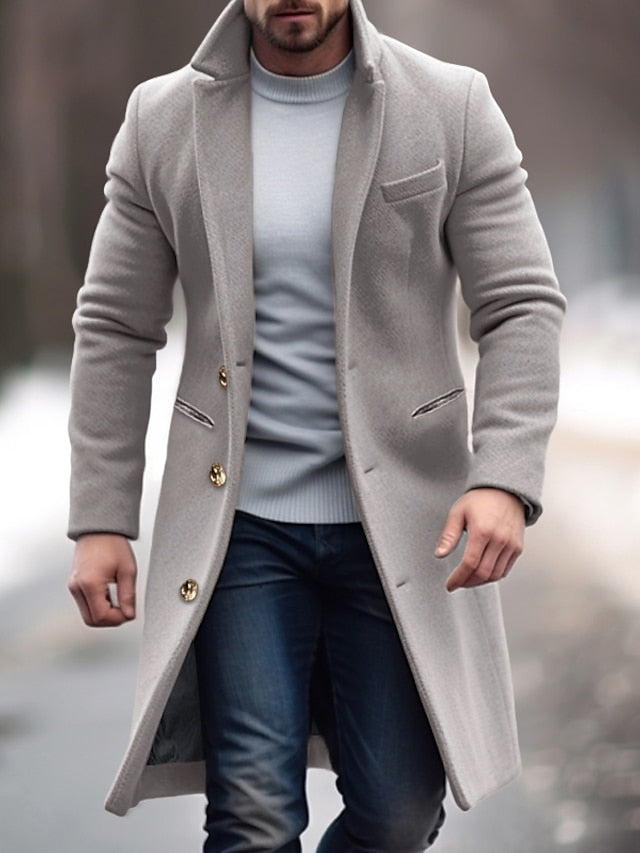 Winter Polyester Men's Trench Coat - Stylish Office & Career Outerwear