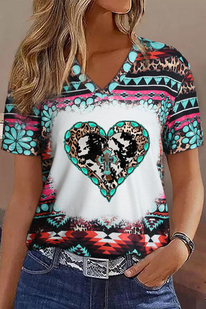 Retro Geometric Print V-neck Short-sleeved Top