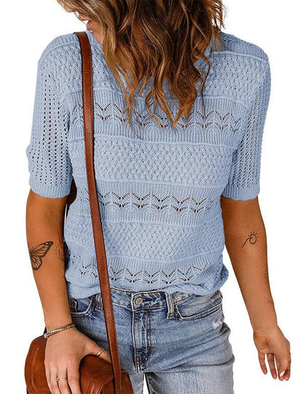 Retro Hollow Knitted Pullover Women's T-Shirt with Short Sleeves