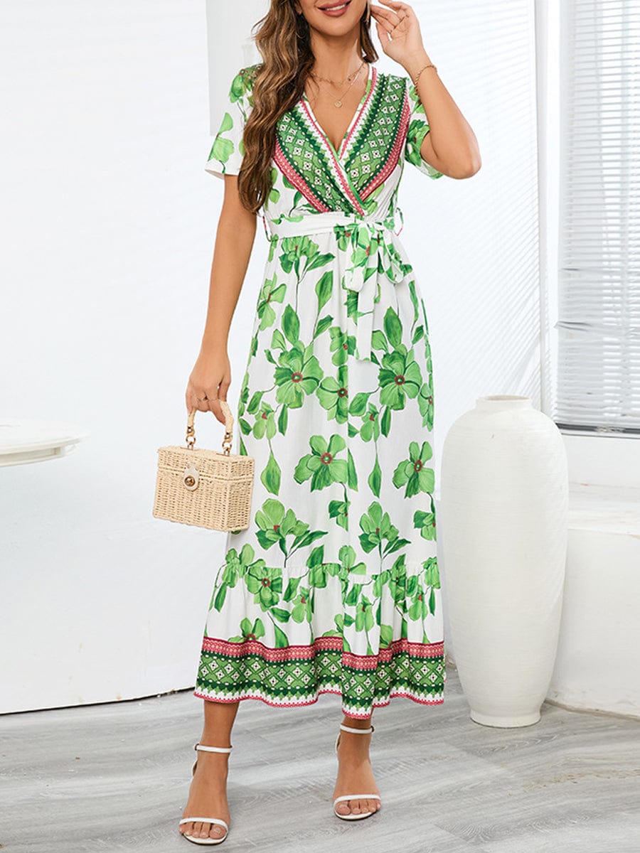 Retro Print Tie Slimming V Neck Fit Midi Dress