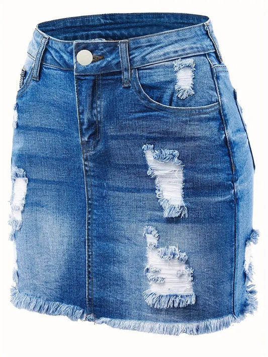 Ripped Denim Mini Skirt with Raw Hem and High Stretch Denim Fabric, Casual Distressed Skirt for Women