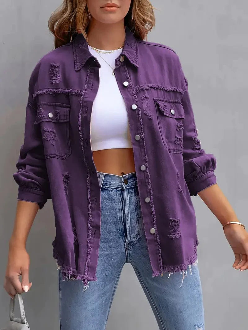 Ripped Hole Solid Denim Jacket with Frayed Hem and Lapel Turn-down Collar, Women's Fashion Piece