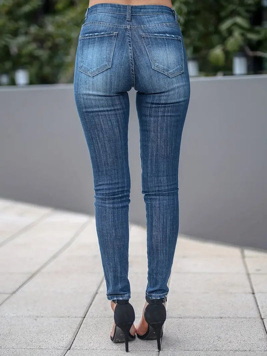Rippled Blue Skinny Jeans in High Stretch Denim, Women's Slim Fit Clothing