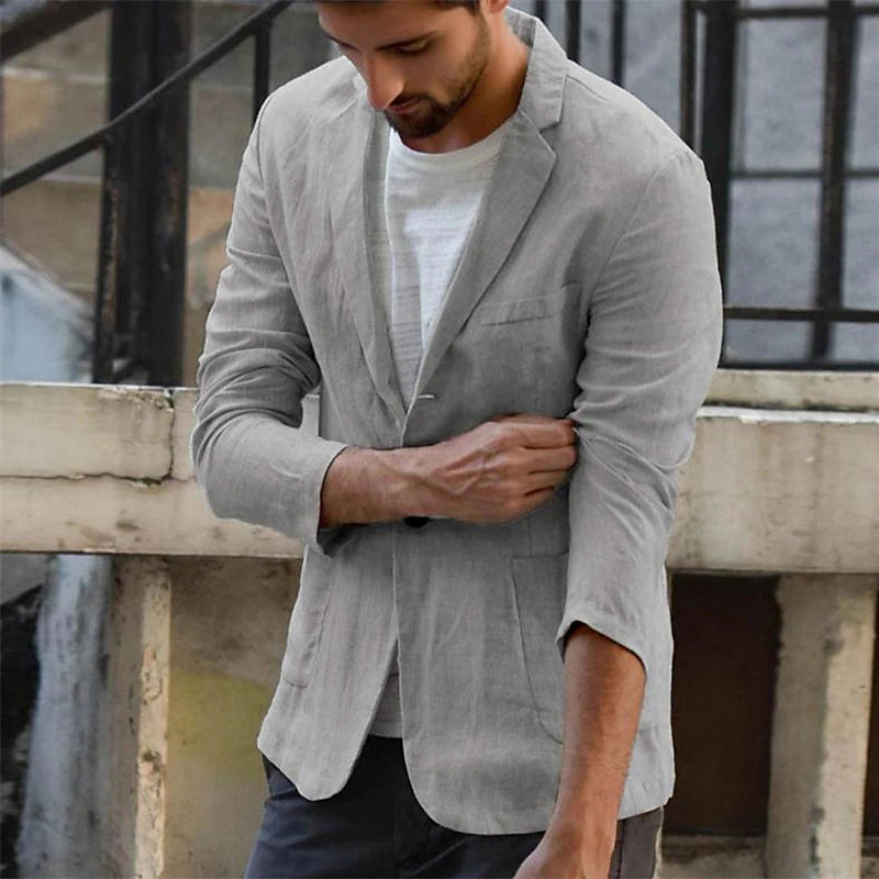 Men's Casual Jacket Blazer Dailywear Fashion Summer Fall Poly-Cotton Solid Color Classic Style Warm Single Breasted One-button Blazer Black Beige Grey