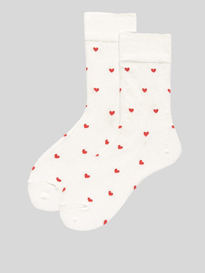 Romantic White Heart Print Cotton Socks