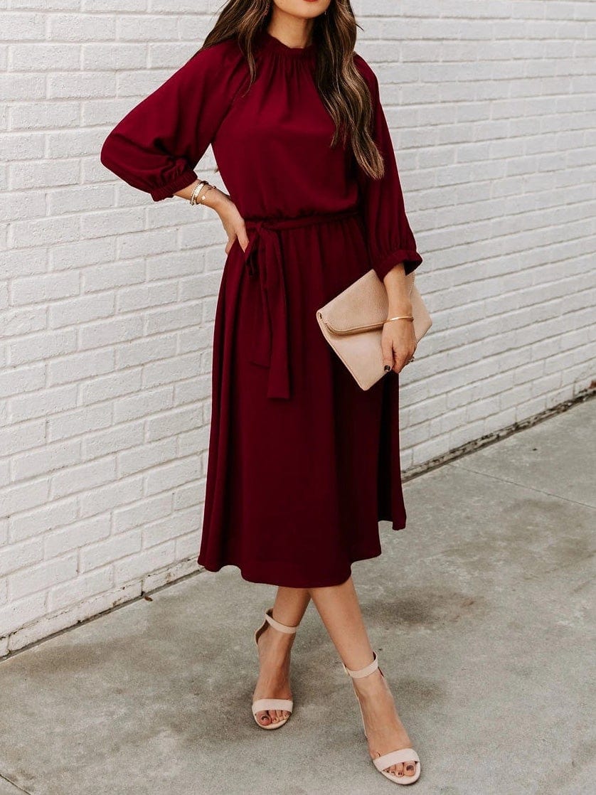 Round Neck Belted Long Sleeve Dress