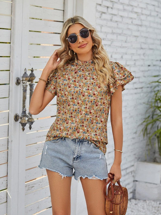 Round neck pullover small floral top with ruffled sleeves in women's fashion