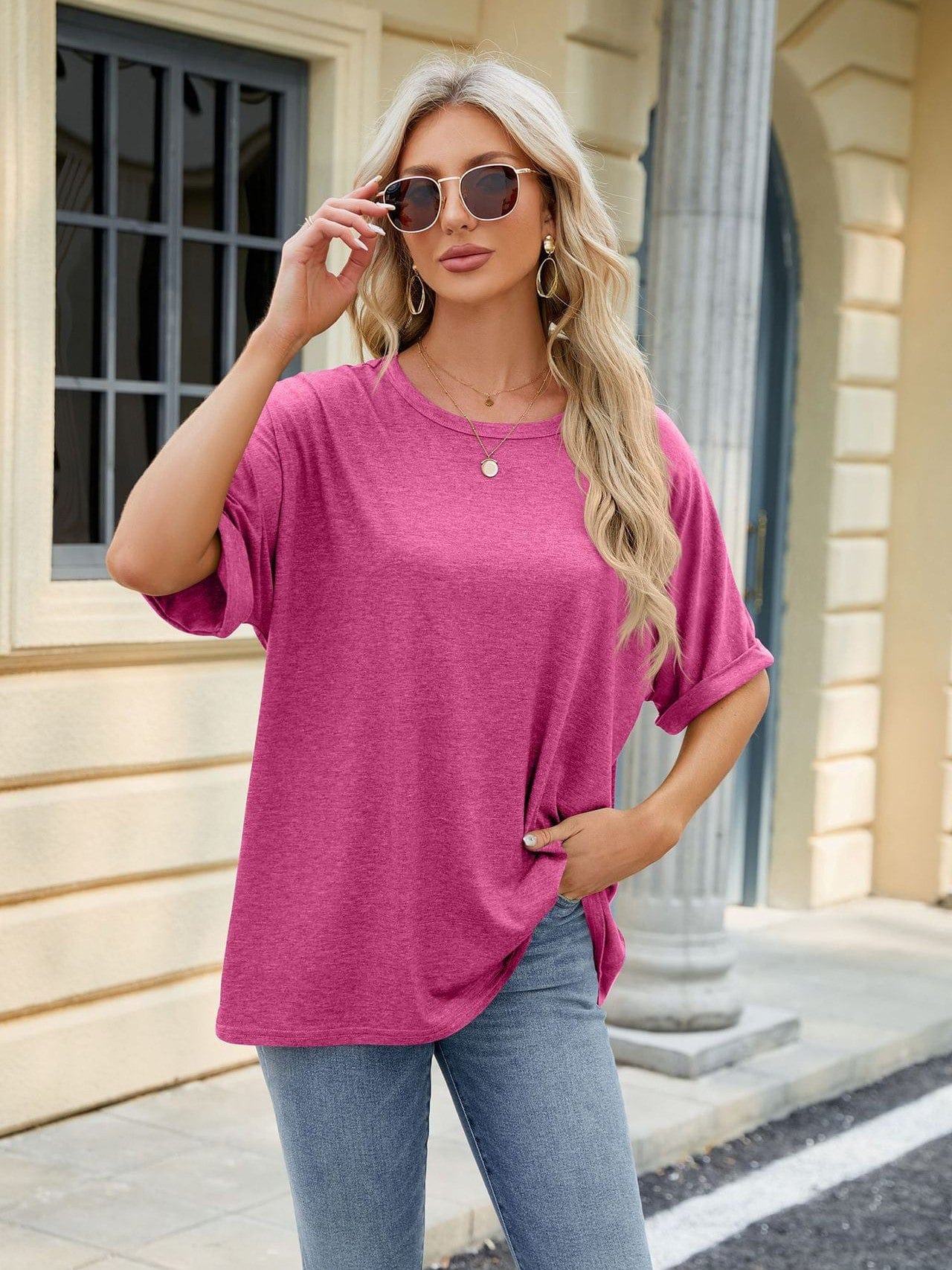 Round neck solid color short sleeve loose casual large size T-shirt