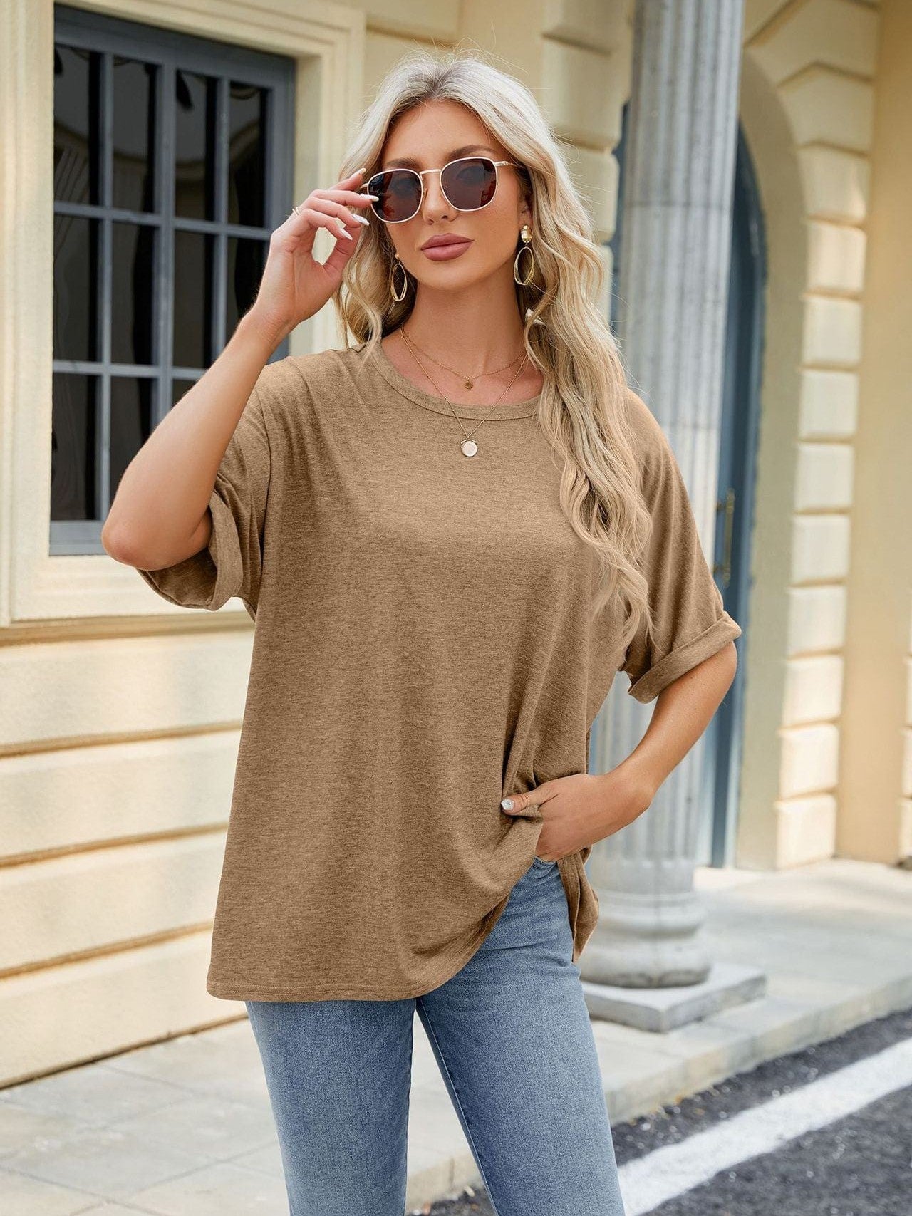 Round neck solid color short sleeve loose casual large size T-shirt